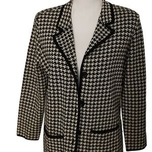 Kate Hill Italian Merino Wool black ivory cream Houndstooth‎ stretchy blazer med
